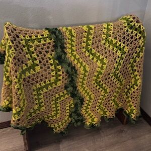 Vintage Handmade Crochet Blanket in Green and Yellow